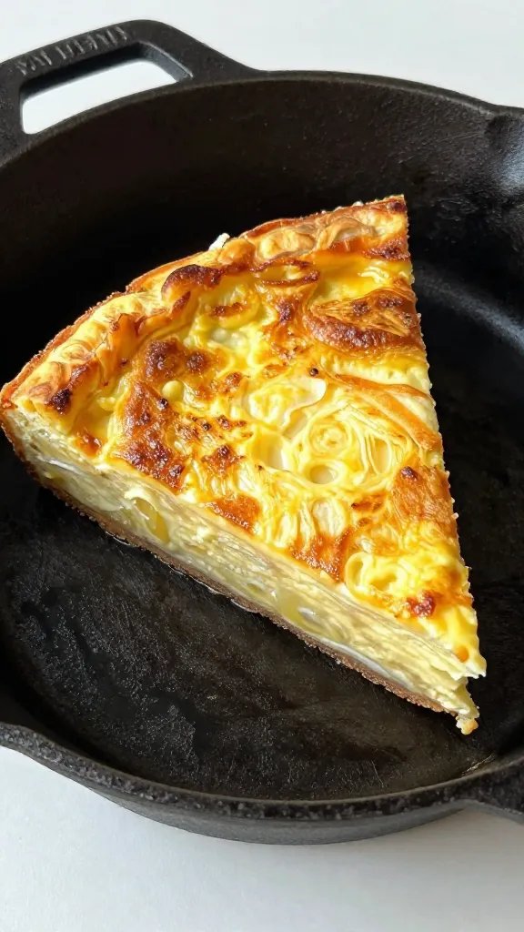 Cast-iron skillet frittata slice with golden edges