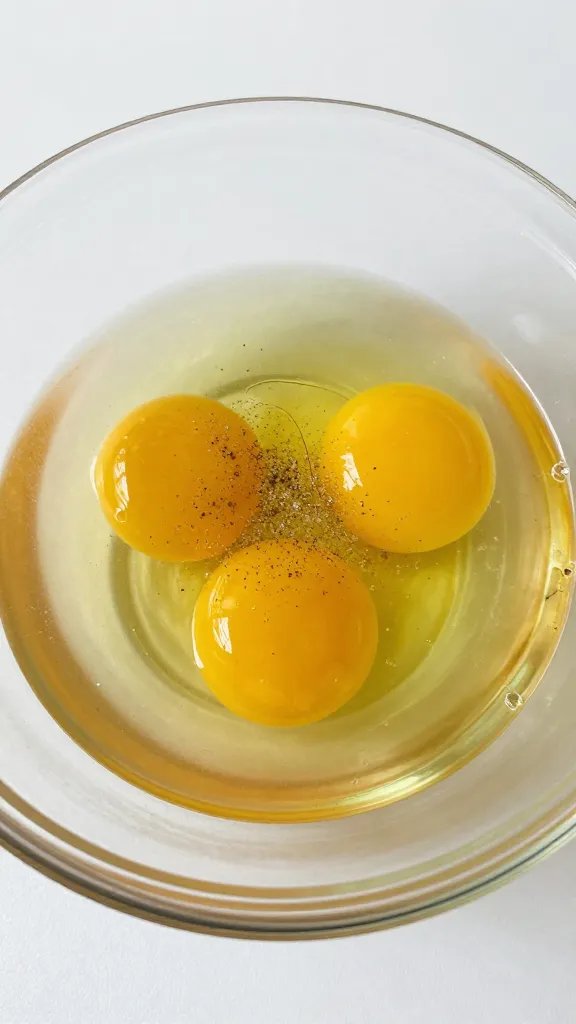 Whisked eggs in glass bowl with visible seasoning