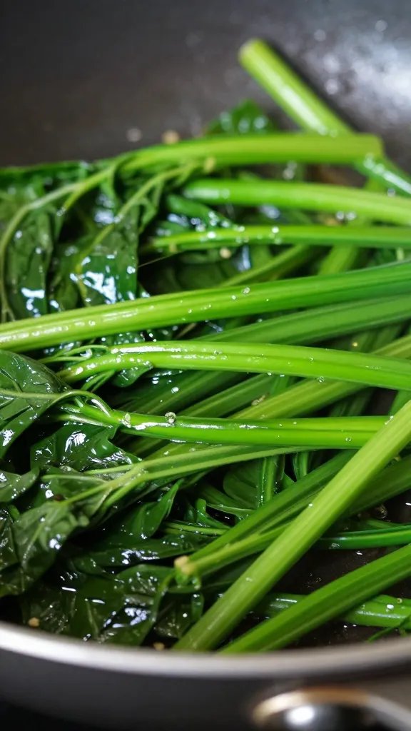 Sautéed greens glistening in skillet, tight macro