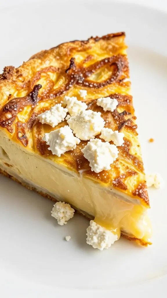Melted goat cheese crumbles atop frittata wedge