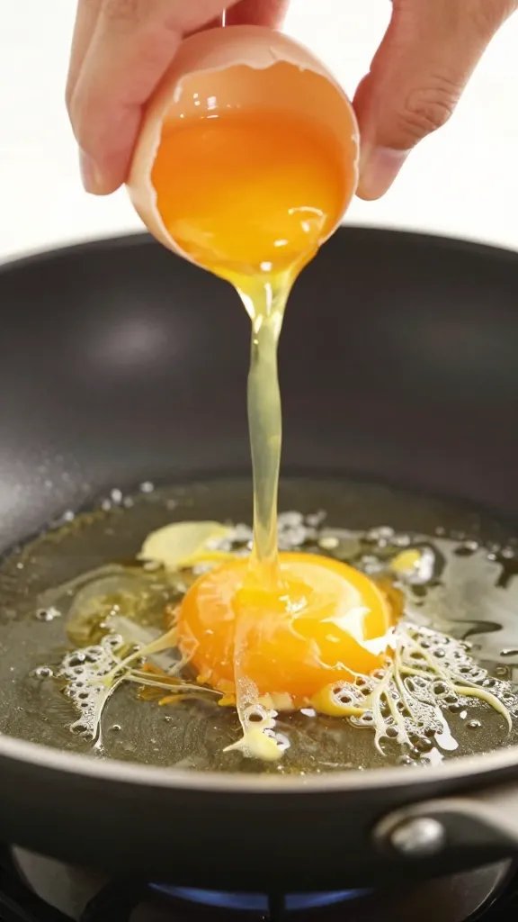 Pouring beaten eggs into hot skillet, closeup action