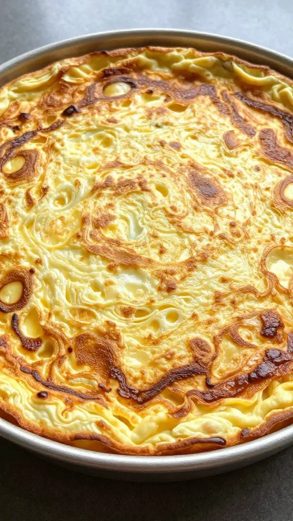 Oven-finished frittata top, lightly browned surface
