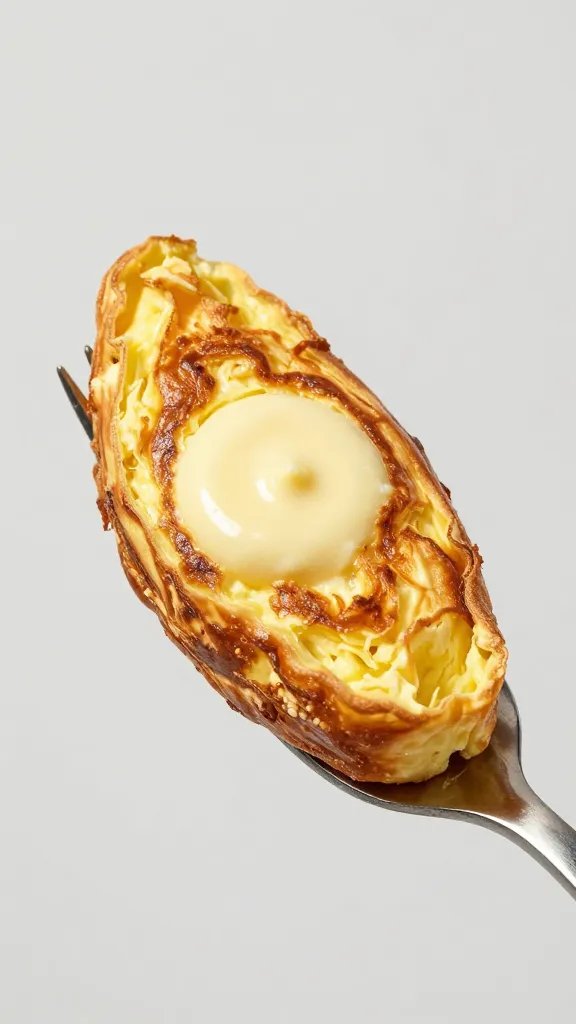 Single portion frittata on fork, creamy center visible