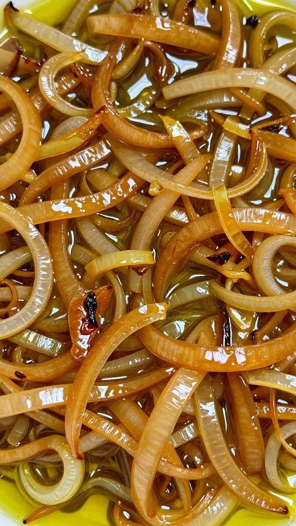 closeup of caramelized onions glistening in olive oil