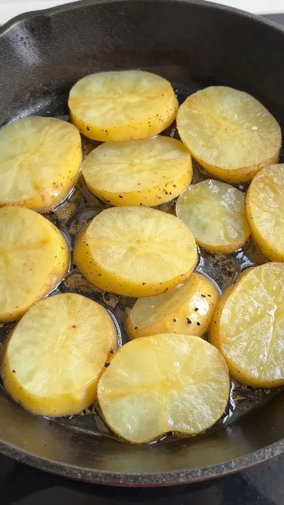 thinly sliced potatoes frying in cast-iron skillet