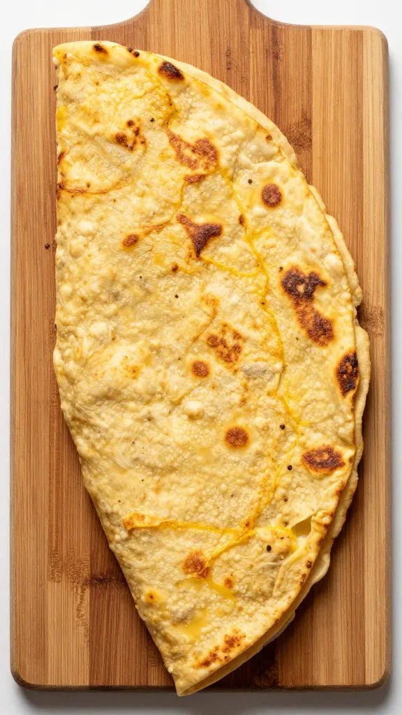 whole tortilla española on wooden board, overhead