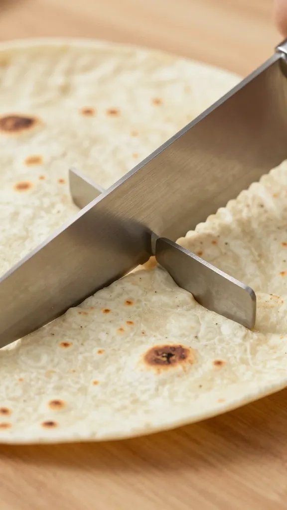 serrated knife slicing tortilla wedge, macro detail