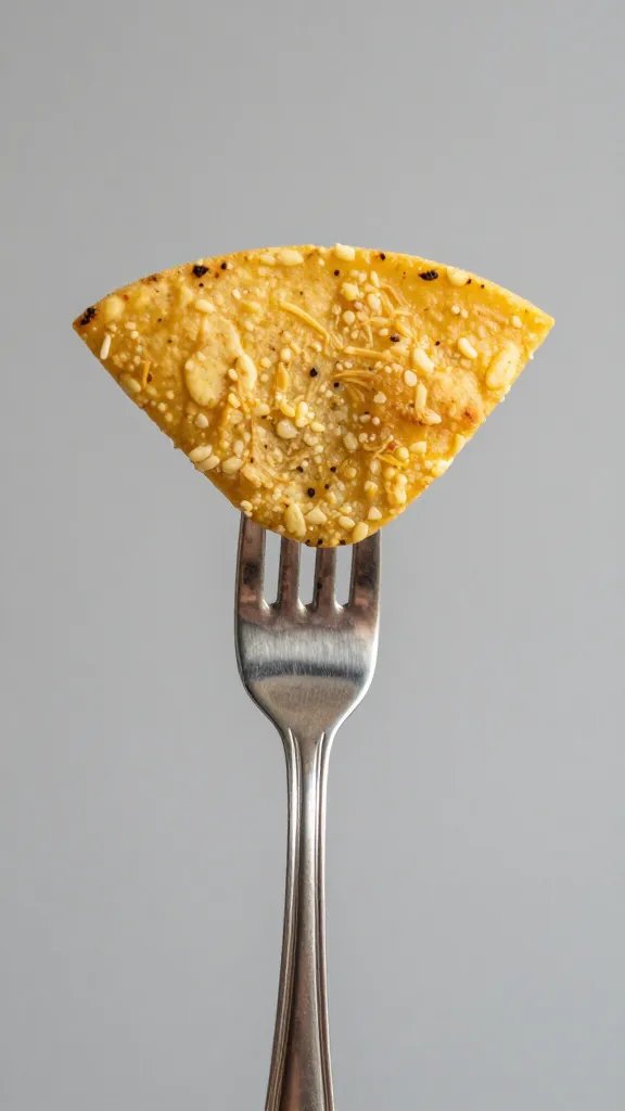 single fork holding tortilla bite, sharp focus