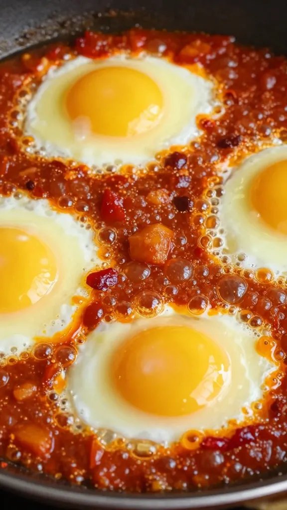 closeup skillet of eggs in purgatory, bubbling peperonata