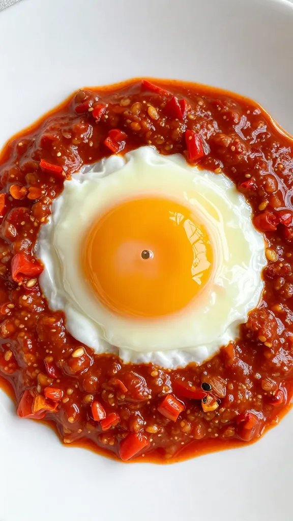 single poached egg nestled in spicy peperonata