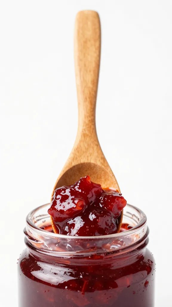 wooden spoon scooping jammy peperonata, studio lighting