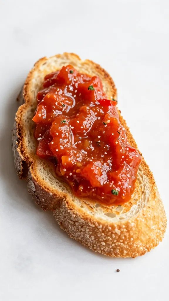 toasted rustic bread slice dipped in tomato-pepper sauce