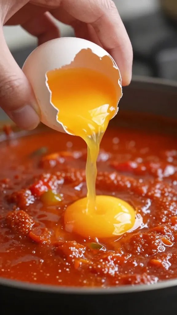 cracked egg just dropped into simmering peperonata