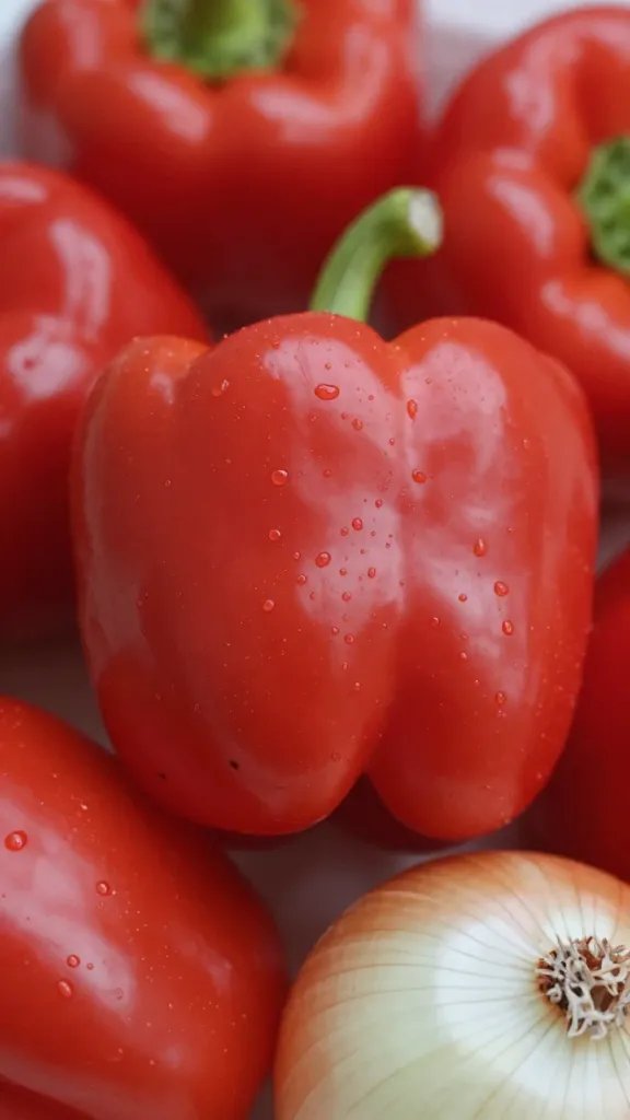 closeup of softened red peppers and onions, glossy