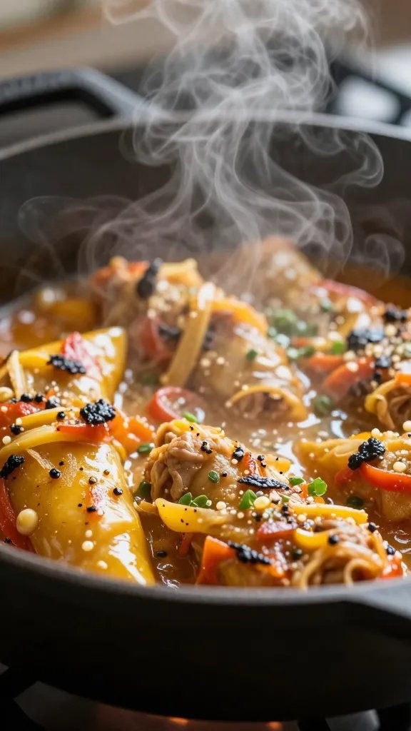 steam rising from peperonata in cast-iron pan, macro