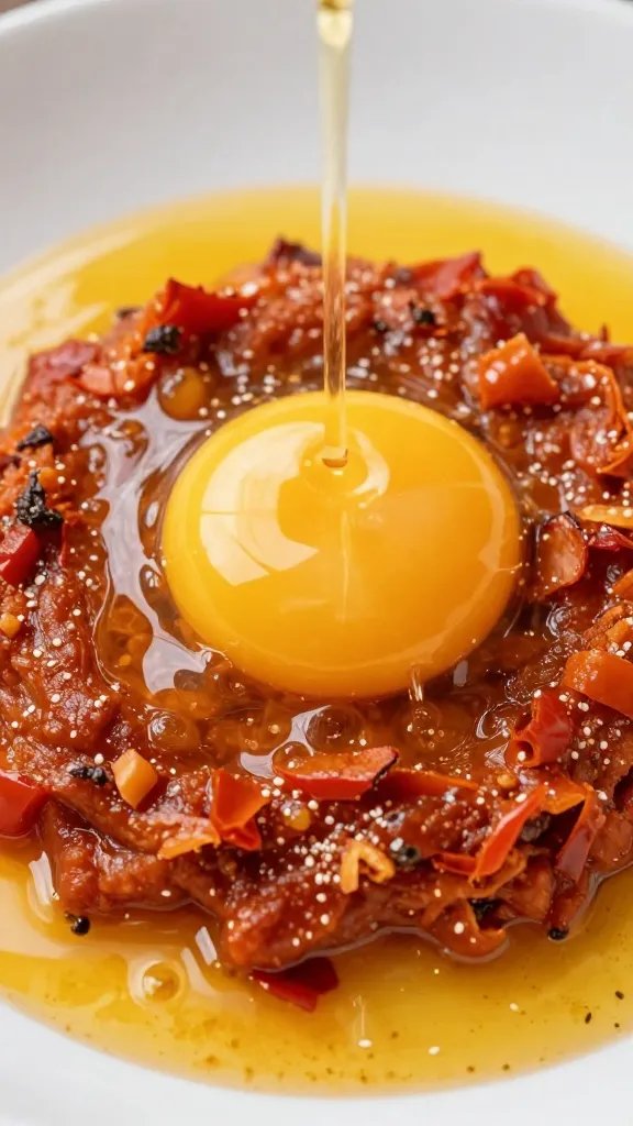 yolk burst over peperonata, golden river, tight shot