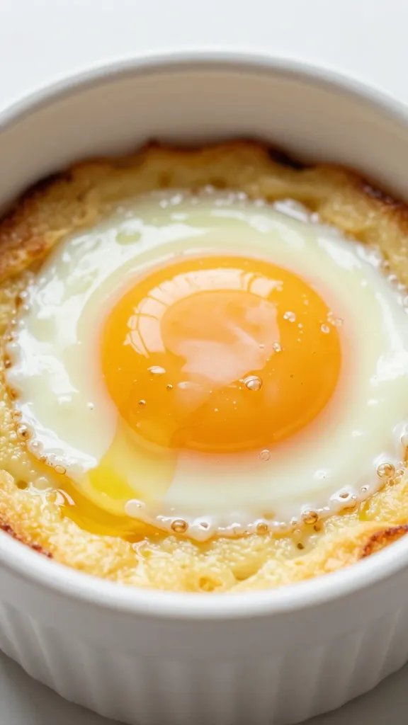closeup ramekin of oeufs cocotte with runny yolk