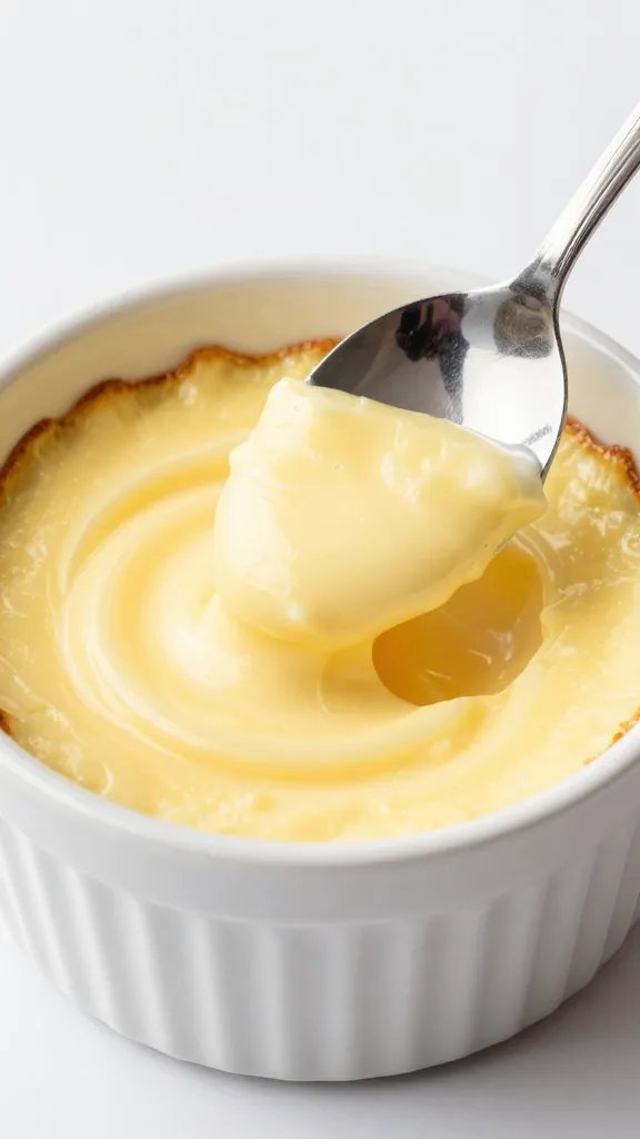 spoon dipping into creamy baked eggs in ramekin