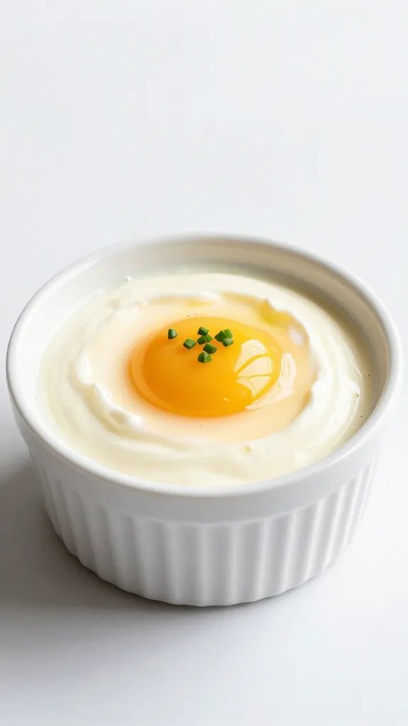 single white ramekin with cream, chives, soft yolk