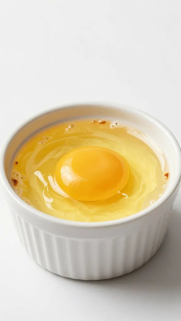 buttered ceramic ramekin with just-baked silky yolk