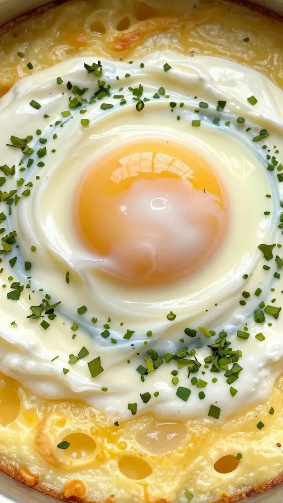 closeup of herbed cream swirling around baked egg