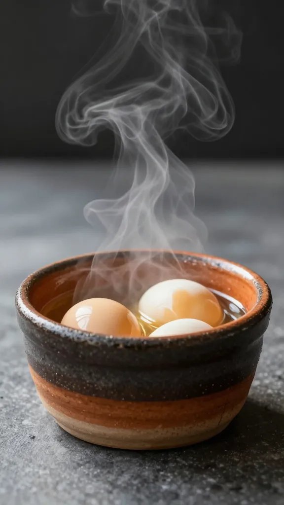 rustic stoneware ramekin of oeufs cocotte, steam rising