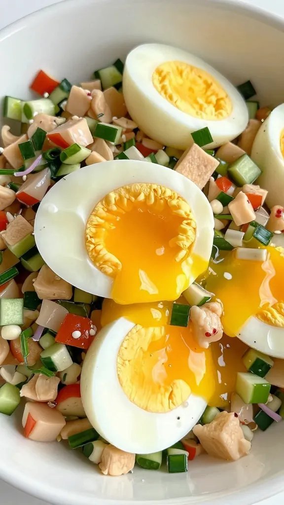 closeup bowl of piperade with softly set eggs
