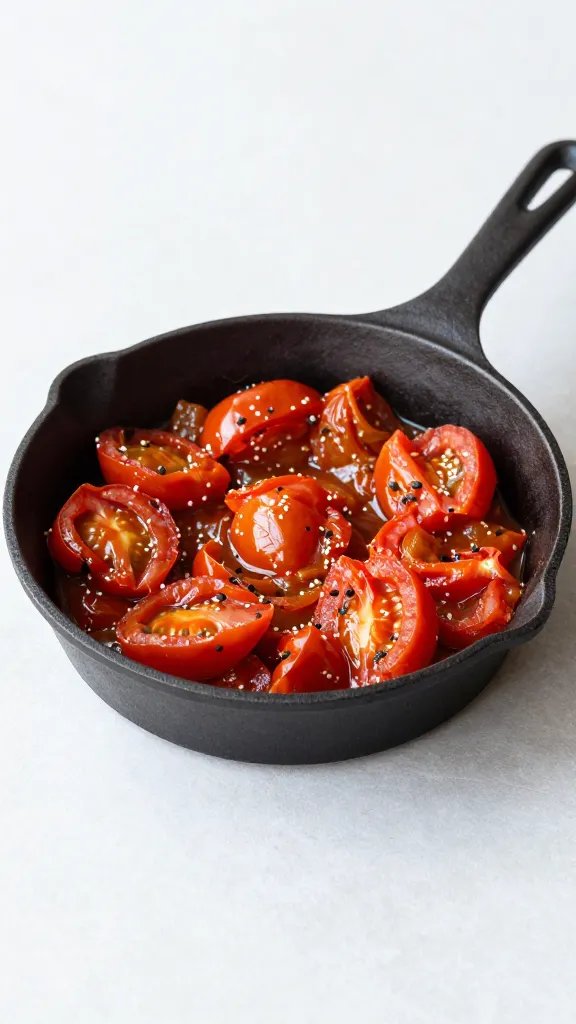 single cast-iron skillet piperade, jammy tomatoes visible