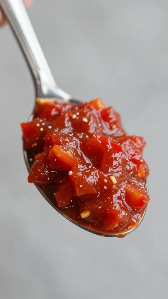 spoonful of silky pepper-tomato piperade, shallow depth