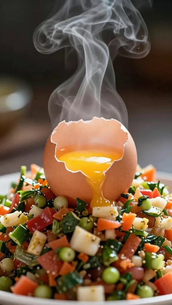 cracked egg setting in piperade, steam rising