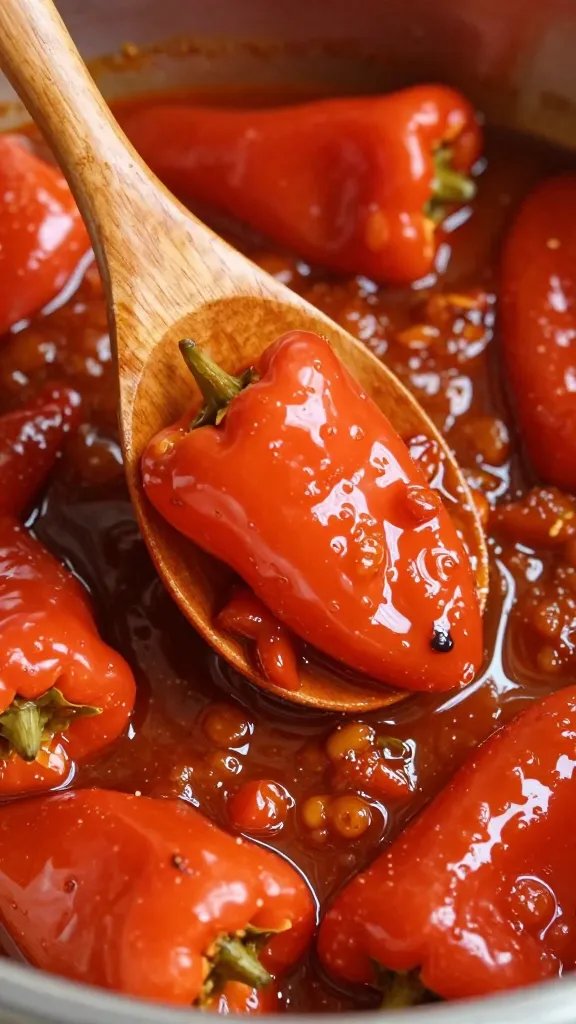 wooden spoon stirring slow-cooked peppers, glossy finish