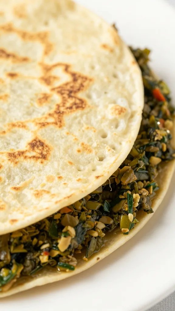 tortilla folded with piperade filling, edge closeup