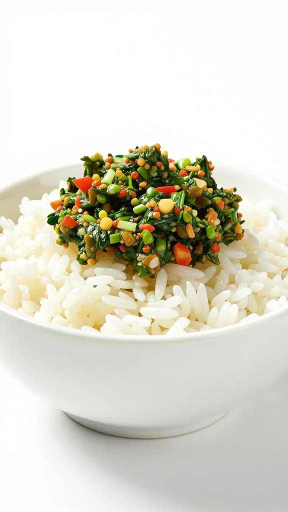 white bowl of piperade over rice, studio lighting