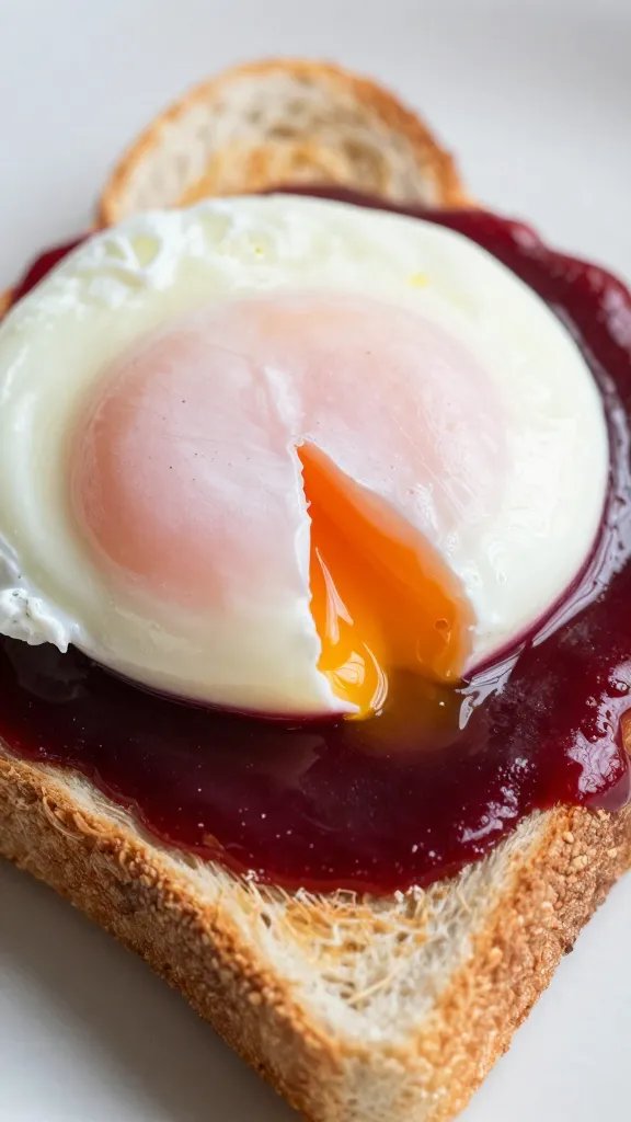 closeup poached egg in red wine sauce on toast