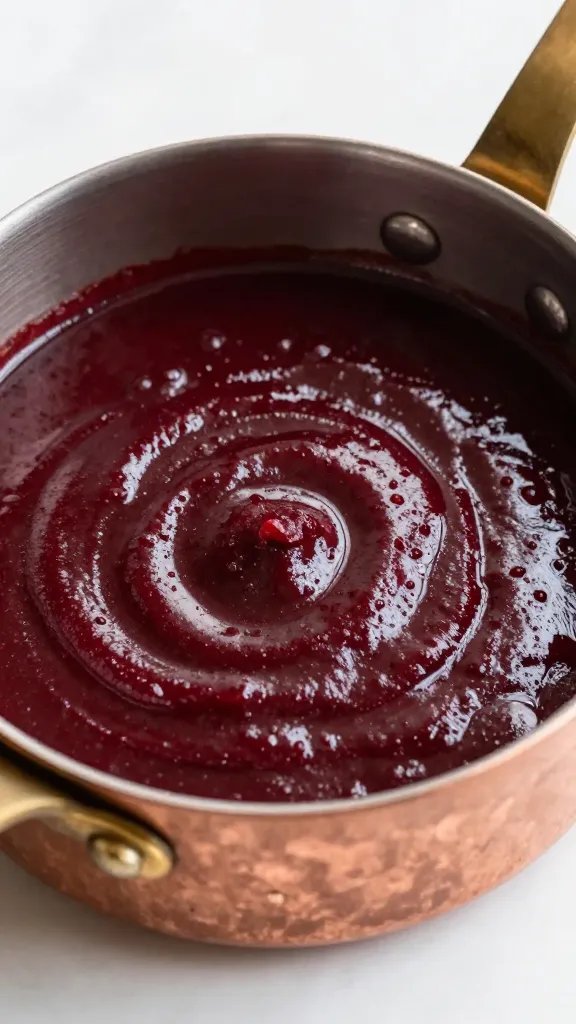 glossy red wine meurette sauce in copper saucepan