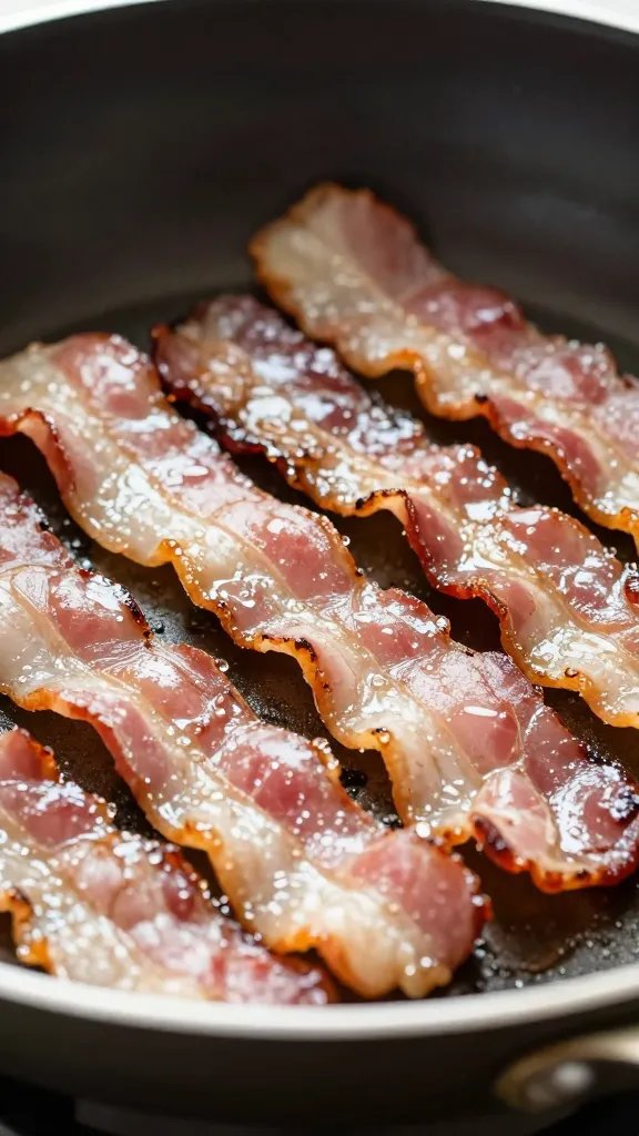bacon lardons glistening in skillet, shallow focus