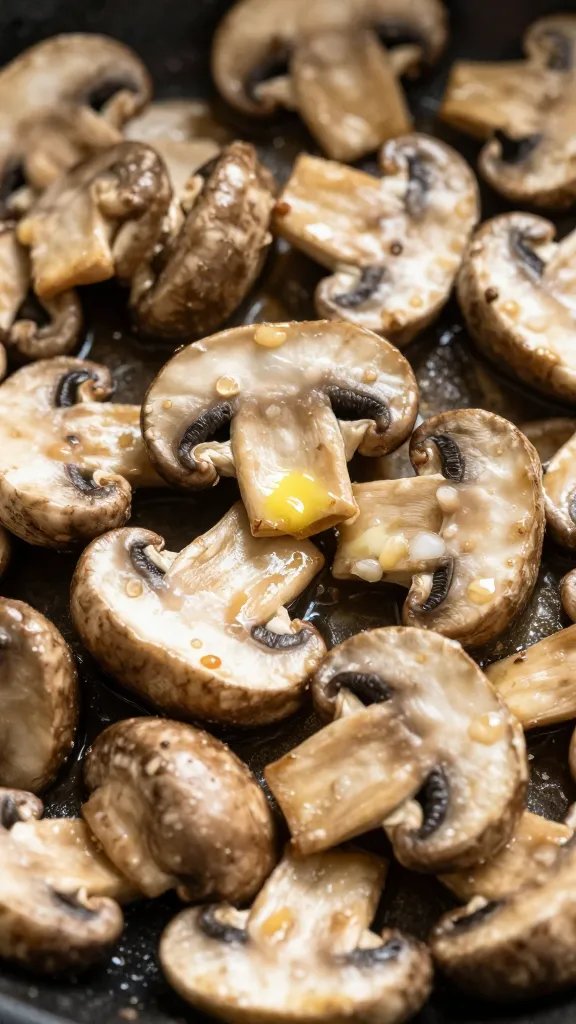 sautéed cremini mushrooms in butter, macro shot