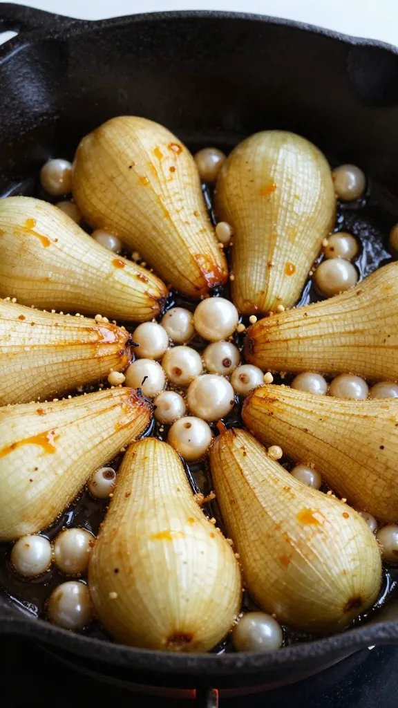 pearl onions caramelizing in cast-iron pan