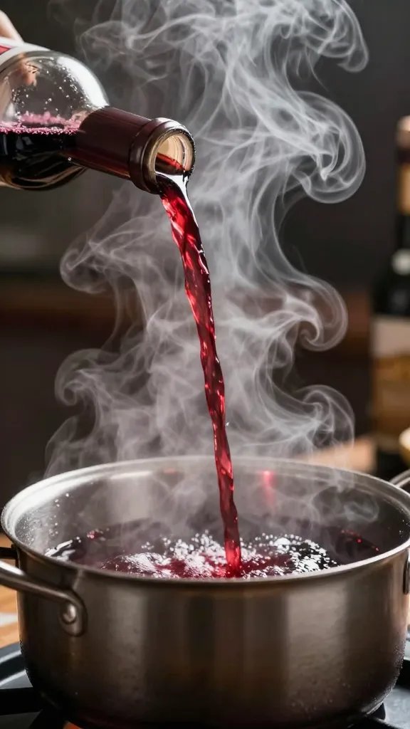 burgundy wine pouring into hot saucepan, steam