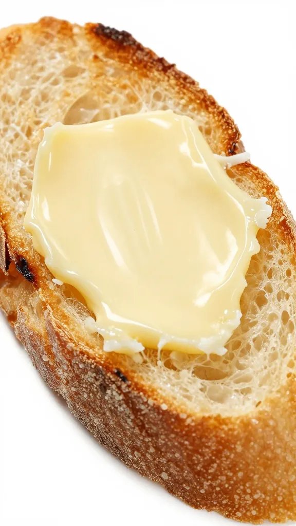 toasted baguette slice with butter sheen, closeup