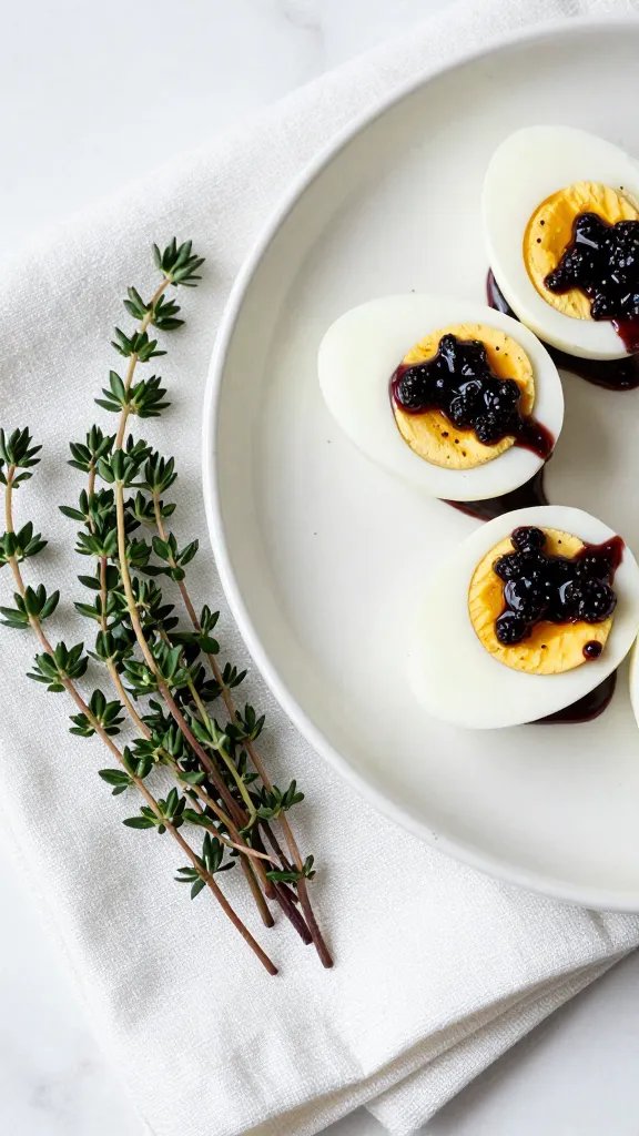 sprig of thyme on napkin beside plated meurette egg