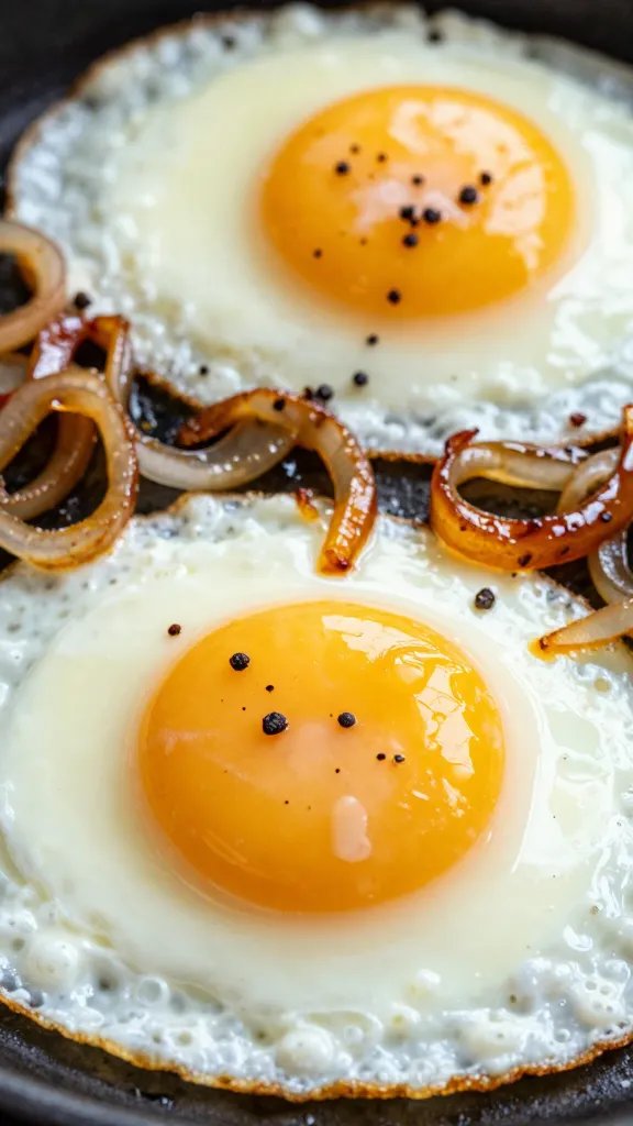 closeup of fried eggs on caramelised onions with sumac
