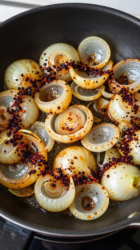 single skillet of jammy onions stained with sumac