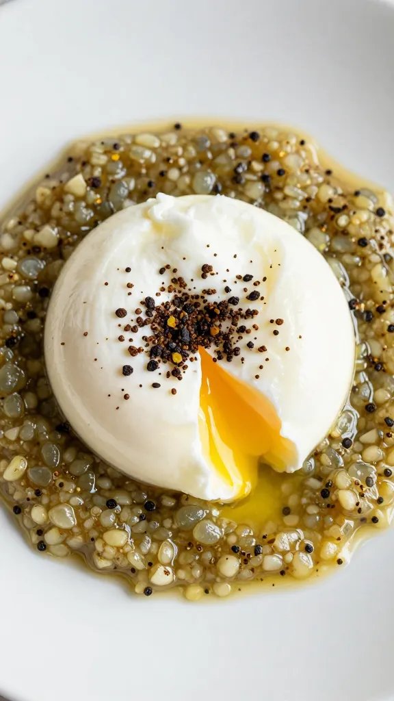 poached-style egg nestled in sumac-onion puddle