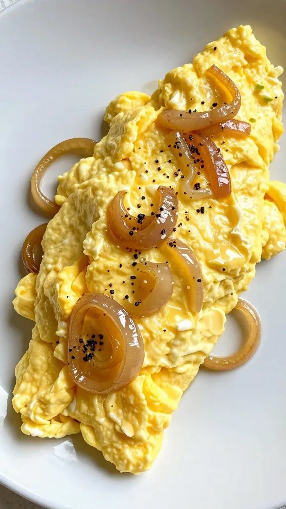 soft-scrambled eggs folded into glossy sumac onions