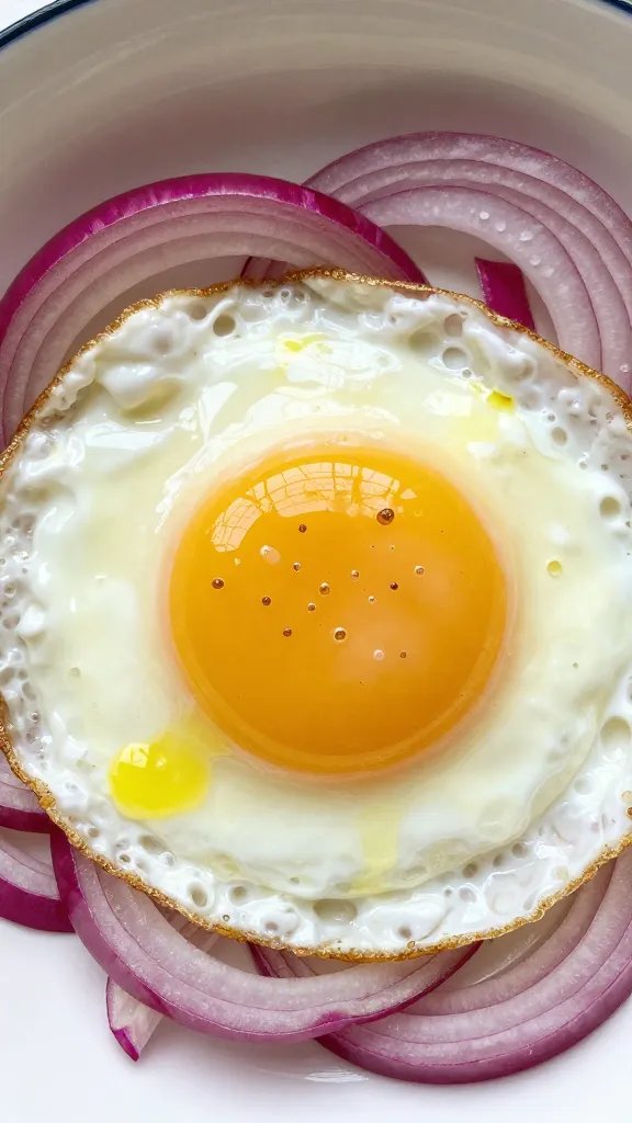 olive-oil-drizzled fried egg atop crimson onions