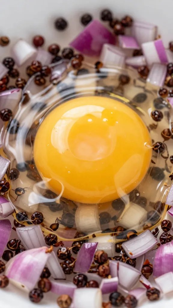 closeup of runny yolk bleeding into sumac onions