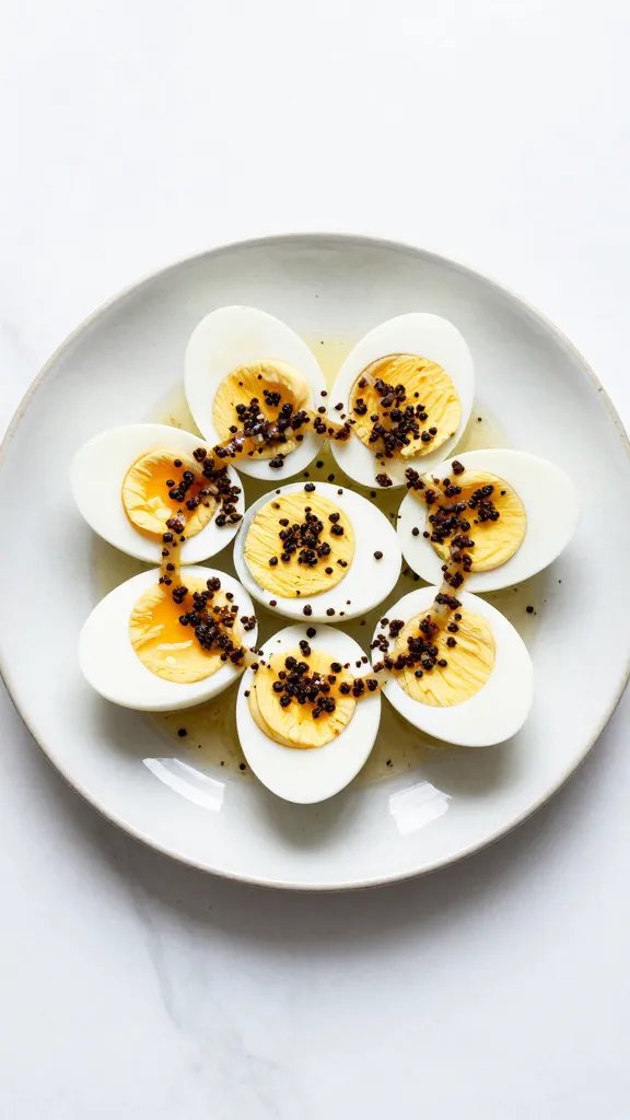 single ceramic plate of eggs with tangy sumac onions