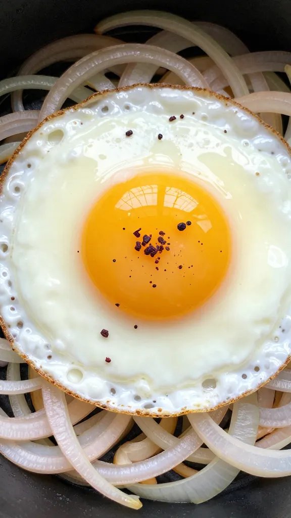 single sunny-side-up egg on sweet onion bed, sumac sprinkle