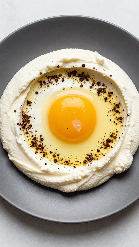 Fried egg on labneh swirl, za’atar sprinkled, matte plate
